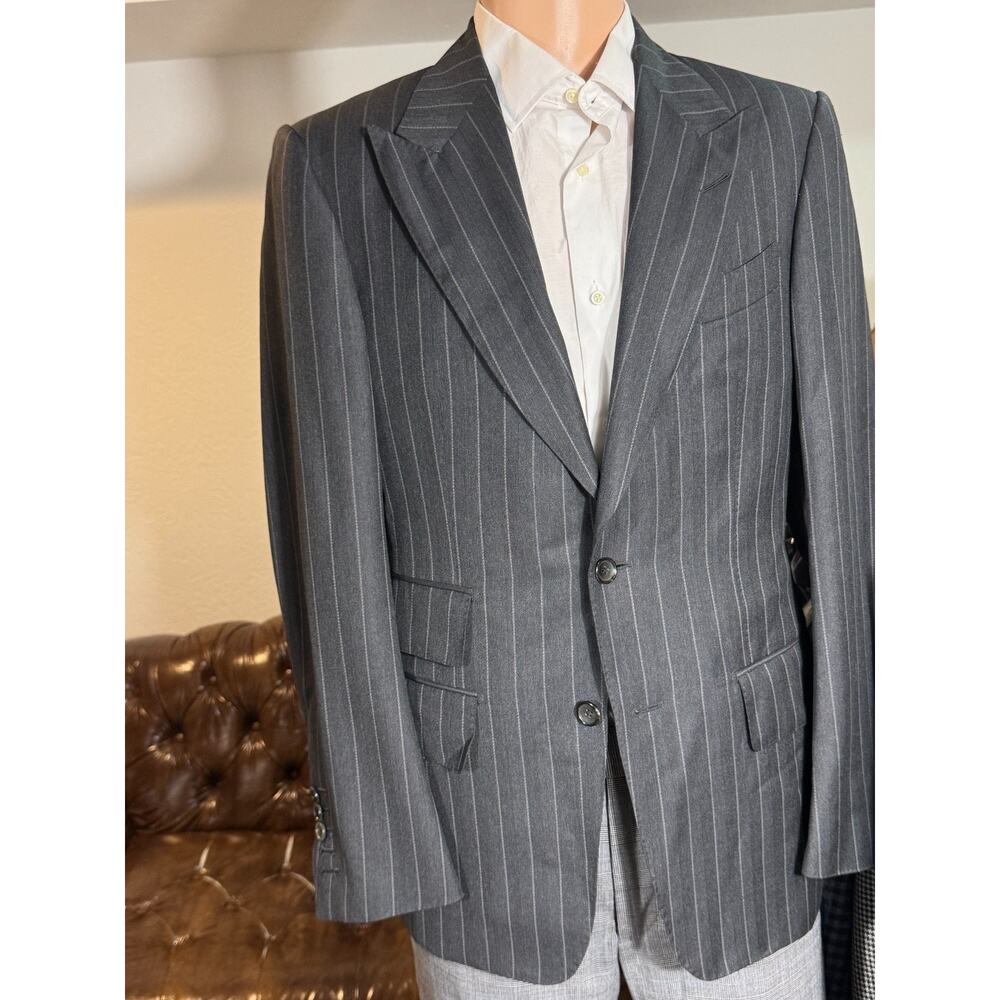 Tom Ford Gray Herringbone Peak Lapel Striped Suit Jacket Blazer 46IT 38R Flannel